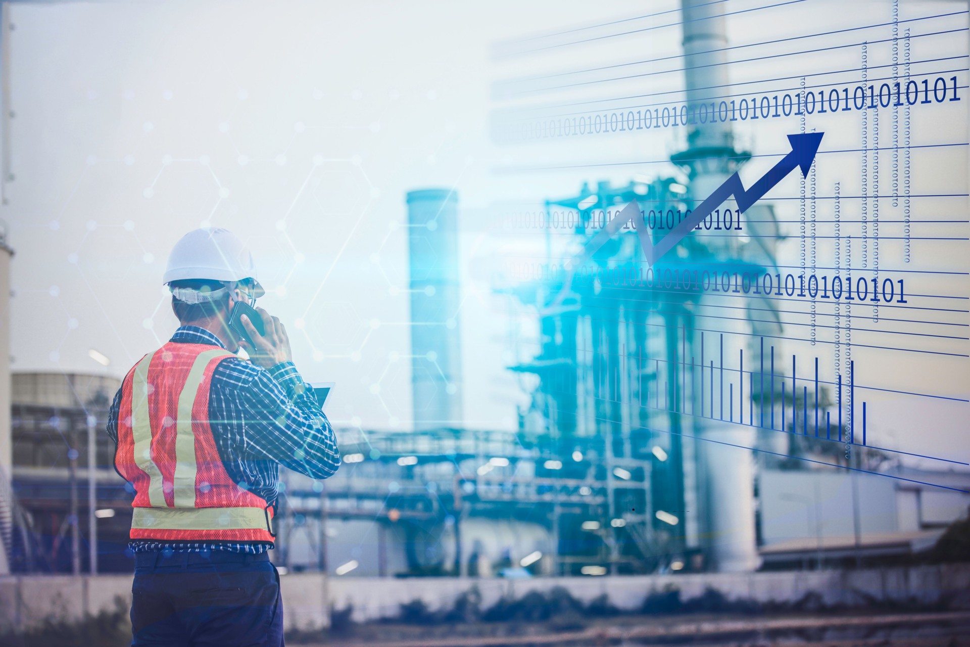 Senior Engineer wearing PPE standing call discuss the job by mobile phone, Engineer work at site line